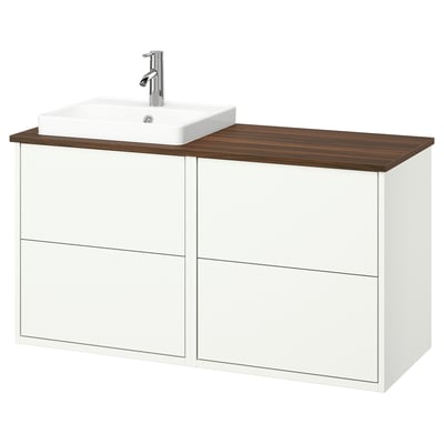 White & wood bathroom vanity with sink & faucet, sleek modern design.