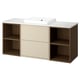 A beige wood bathroom vanity with open and closed storage, featuring a white marble countertop and a rectangular white sink.