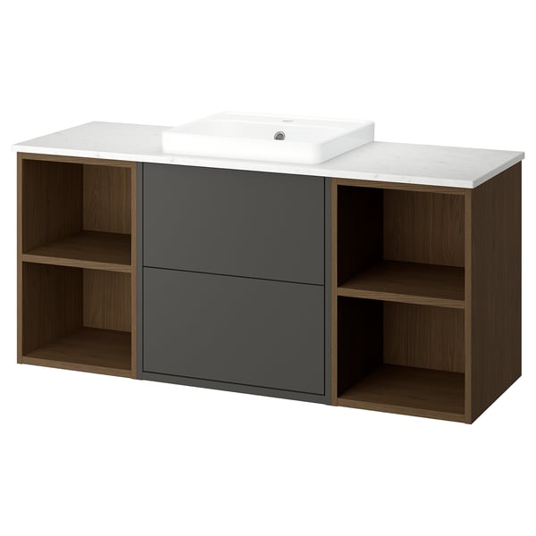 A modern HAVBÄCK bathroom vanity in dark grey and wood, featuring open shelves and a marble countertop with a built-in white ceramic basin.