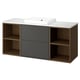 A modern HAVBÄCK bathroom vanity in dark grey and wood, featuring open shelves and a marble countertop with a built-in white ceramic basin.