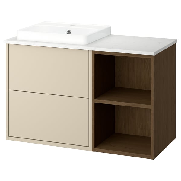 HAVBÄCK bathroom vanity in beige with marble countertop, rectangular sink, two drawers, and open shelf, wall-mountable.