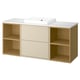 Havbck vanity in beige wooden finish, white marble countertop, semi-recessed sink, open and closed storage compartments.