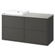 Dark grey bathroom vanity with two drawers, light grey countertop, and square white basin.