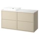 Havbaeck bathroom vanity in beige with white marble countertop and square basin.