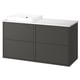 Modern dark grey bathroom vanity with white marble countertop and rectangular white sink.