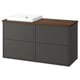 A sleek, dark grey bathroom vanity unit with a wooden countertop and a white ceramic sink. It has clean lines and a modern design.
