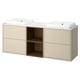 Beige vanity with 2 sinks, open shelf, wall-mounted.