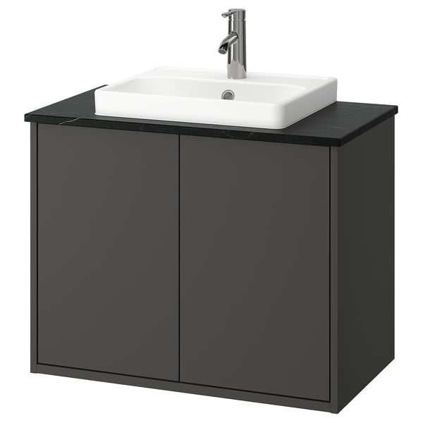 HAVBÄCK wall-mounted dark grey bathroom cabinet with modern square white sink.