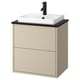 HAVBÄCK beige wall-mount vanity, square basin, black countertop.