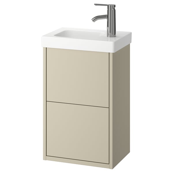 HAVBÄCK beige vanity, wall-mounted with two drawers, white ceramic sink, chrome mixer tap.