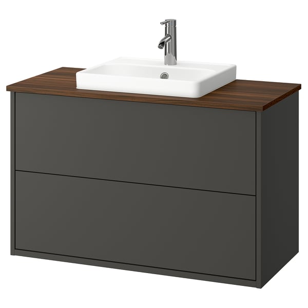 HAVBÄCK grey bathroom vanity, wooden top, square sink, modern design.