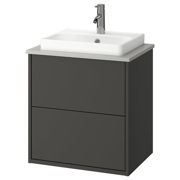 HAVBÄCK dark grey bathroom vanity, sleek modern design, square ceramic basin, wall-mount cabinet with drawers.