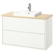 Modern white wall-mounted bathroom vanity with wooden countertop and rectangular sink.