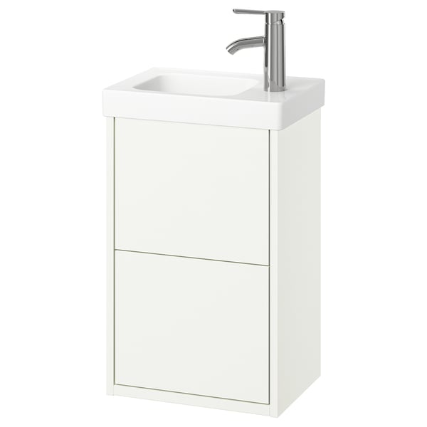 HAVBÄCK white bathroom cabinet, sleek minimalist design, wall-mounted, 2 drawers, ceramic sink, chrome faucet.