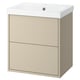 A beige bathroom cabinet with a built-in white sink. It a modern, minimalist design with two drawers.