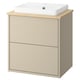 A beige HAVBÄCK bathroom vanity with a square white ceramic basin on top. It has a sleek, modern design with a wooden countertop.