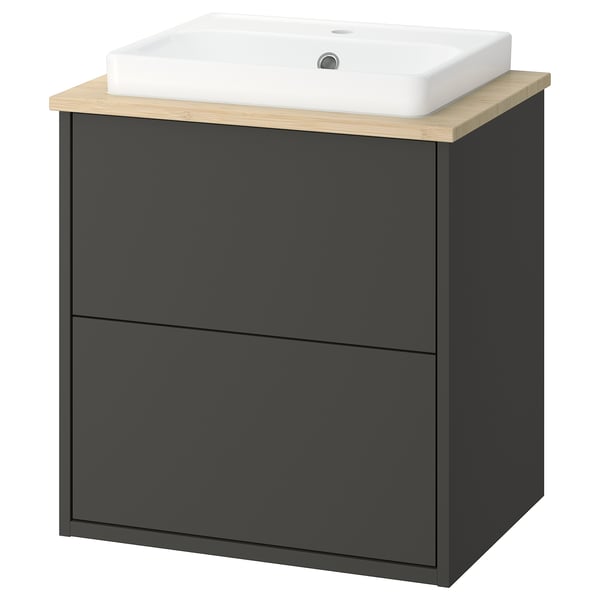 HAVBÄCK dark grey bathroom vanity, wood countertop, white basin, modern design.