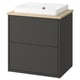 HAVBÄCK dark grey bathroom vanity, wood countertop, white basin, modern design.