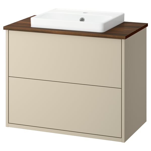 Havbaeck beige vanity unit, ceramic basin, wall-mount or leg option, full drawer storage.