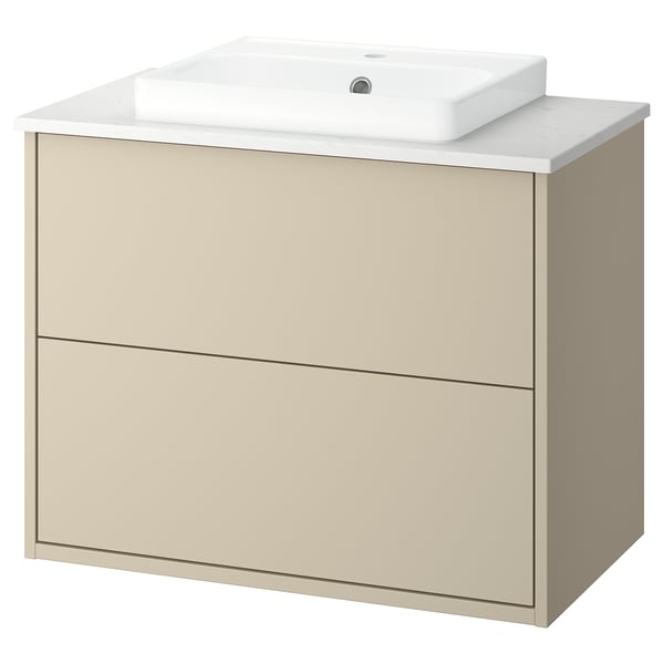 HAVBÄCK light beige vanity unit, marble countertop, rectangular sink, two drawers.