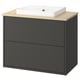 Havbaëck dark grey wooden vanity with drawer, light wood countertop, white sink.