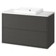 Modern black bathroom cabinet with marble countertop and white basin.