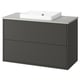 Modern dark grey bathroom vanity with a white sink, two drawers, sleek design.