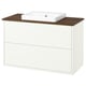A white and wooden bathroom vanity with a square basin. Clean, modern design.