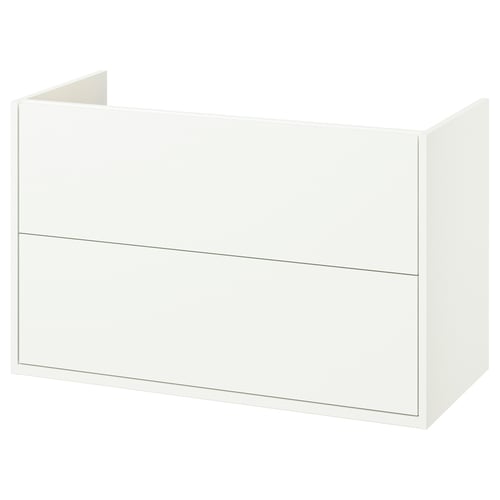 A white HAVBÄCK bathroom vanity with a sleek, minimalist design and two drawers.