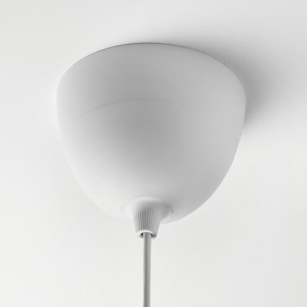 White ceiling-mounted lamp with rounded shade, adjustable cord, and blanched background.