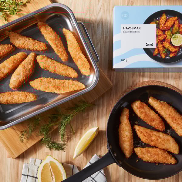 Ikea HAVSSMAK breaded fish bites, golden, crispy, rectangular.