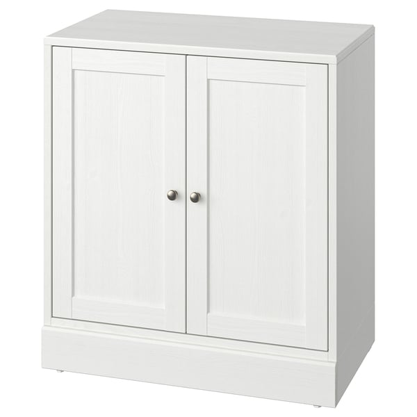 A HAVSTA cabinet in white with wooden details, a rectangular shape, and a simple design suitable for various decors.