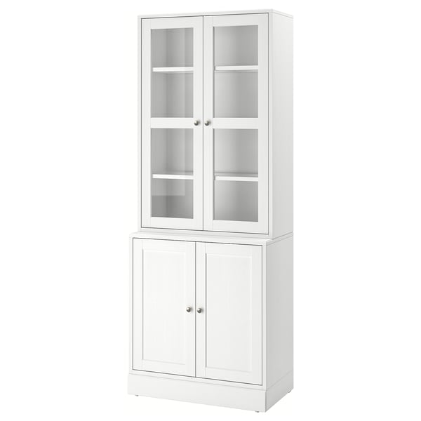 White HAVSTA cabinet: two glass doors top, solid pine wood, rectangular, rustic, lcd design.