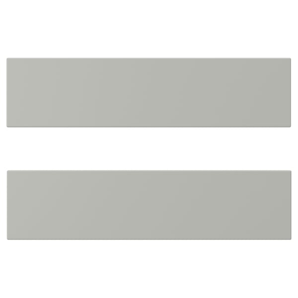 Two modern, light grey, rectangular cabinets with smooth surfaces and straight edges.