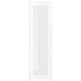 A sleek, white HEJSTA glass cabinet door with an aluminium frame and clear glass panel.