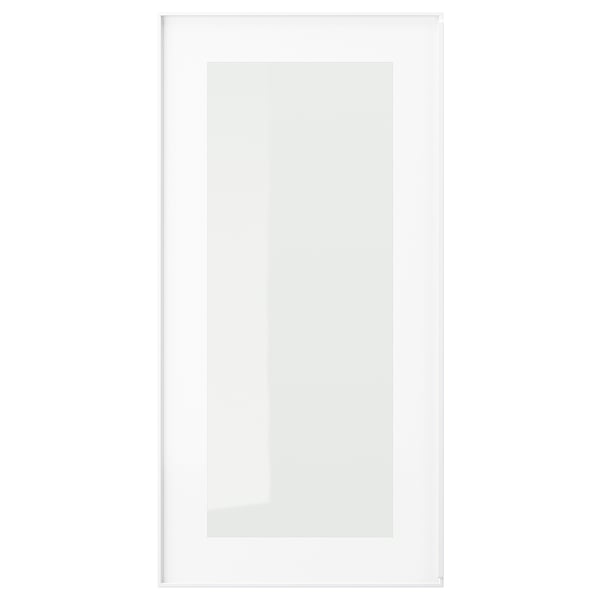 White HEJSTA glass cabinet door, rectangular with aluminium frame.