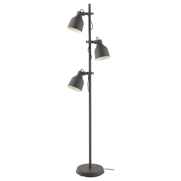 HEKTAR floor lamp, black, with three adjustable grey metal shades.