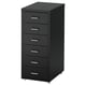 A black HELMER filing cabinet with five drawers on wheels for easy movement. The unit modern metal handles and a sleek, rectangular design.