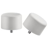 Two white circular finials, one upright, one tilted, with screws at the bottom. Minimalist design in recycled plastic.