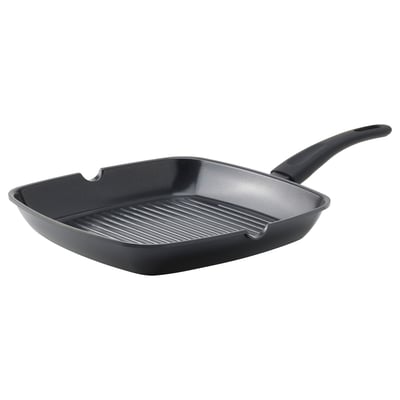 HEMLAGAD black grill pan, rectangular with ridged surface, sol-gel ceramic non-stick coating, easy-grip handle, induction compatible.