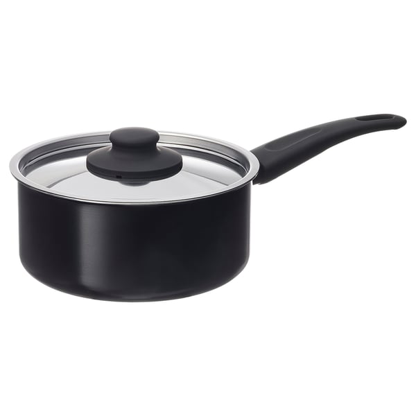 HEMLAGAD black saucepan, round, non-stick, tempered glass lid, handle, ceramic coating, aluminium base.