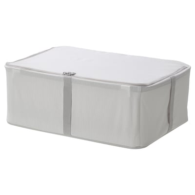 White HEMMAFIXARE storage box, rectangular, soft fabric, sturdy frame, zip closure.