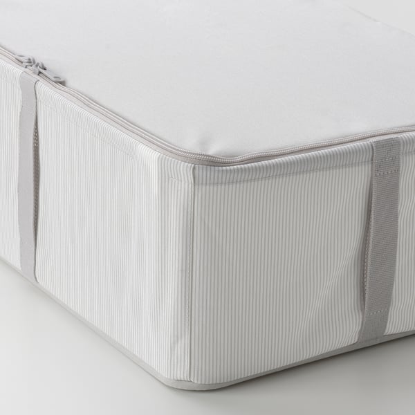 Stackable fabric storage box with sturdy base, zip closure, and clean lines for organised storage.