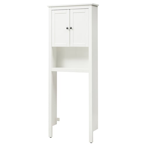 A white HEMNES cabinet with a closed top section and open middle shelf, standing on four legs.