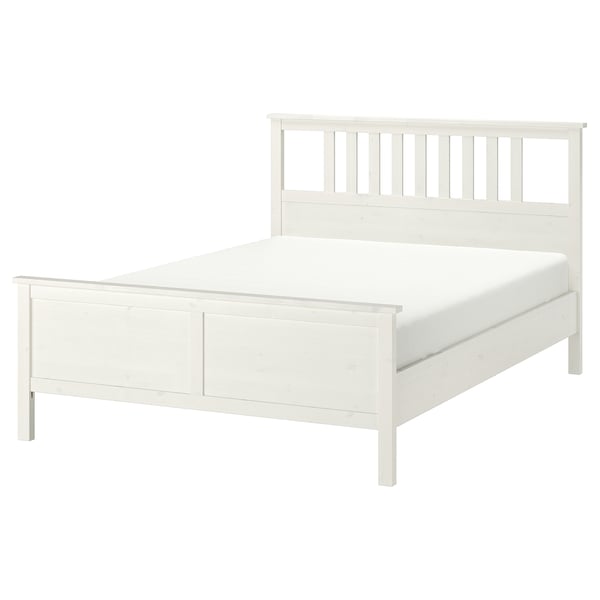 HEMNES white bed, solid pine wood, rectangular shape, slatted headboard, clean design.