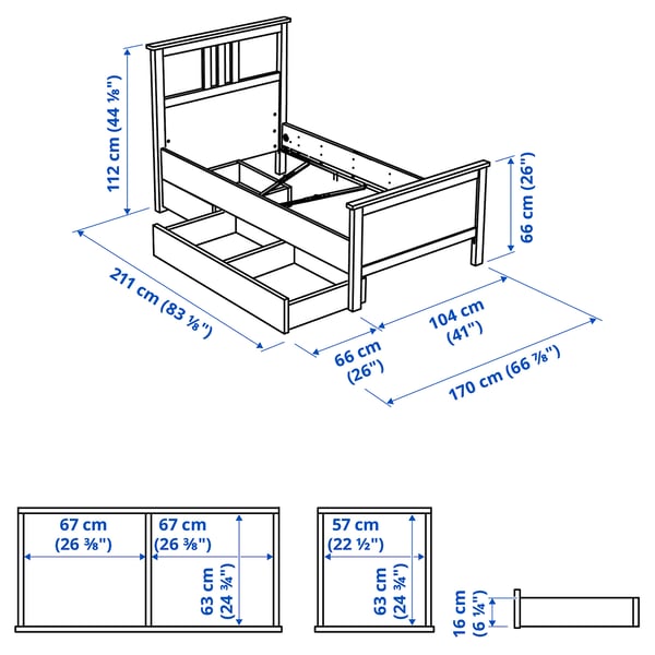 Illustration with measurements for the product: HEMNES.