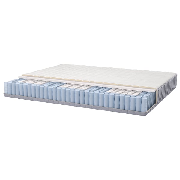 Cross-sectional view of mattress: top layer of polyester, foam, and springs with supportive base.