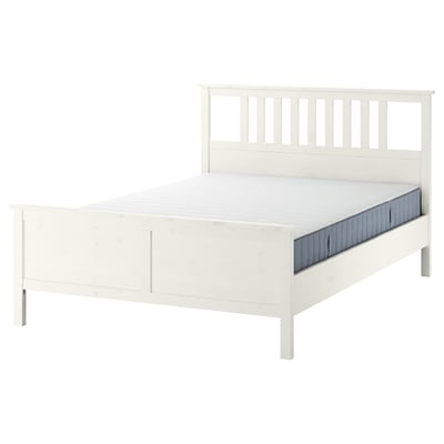 IKEA HEMNES bed: white, solid pine, rectangular, sleek design, high head & footboard, slatted base.
