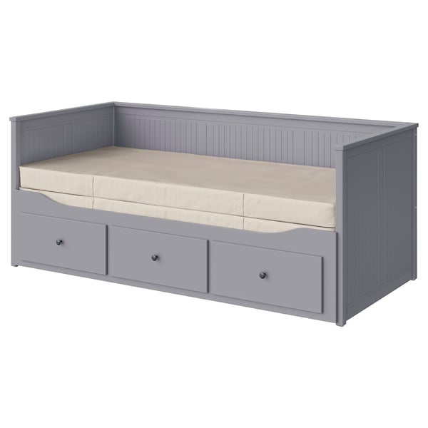 Gray day-bed, HEMNES model, wooden, rectangular, simple design.