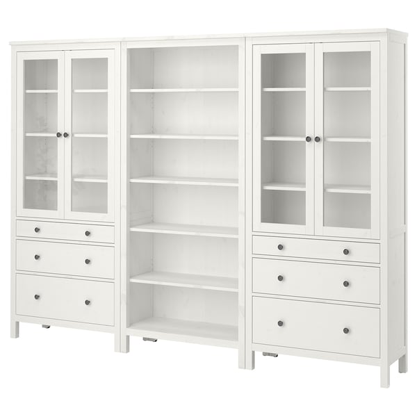 White HEMNES storage combo with glass doors, solid pine wood, adjustable shelves, traditional design.